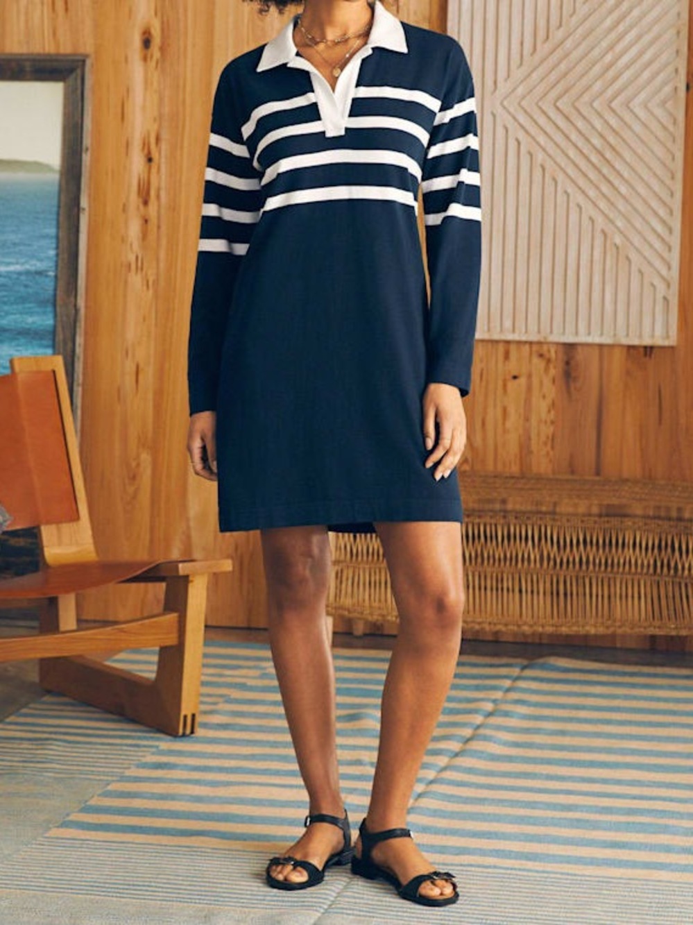 Faherty Navy & White Striped Rugby Jersey Polo Long Sleeve Mini Dress Size Small